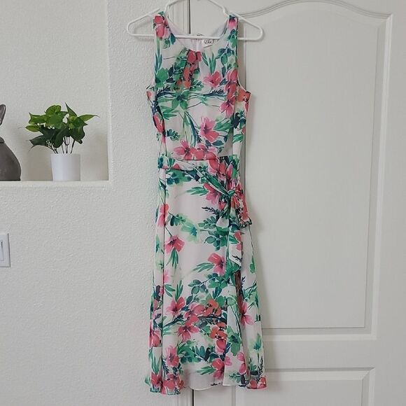 Eliza J Floral Sleeveless Midi Dress Pink Green Size 6 Summer Sundress - Picture 1 of 7